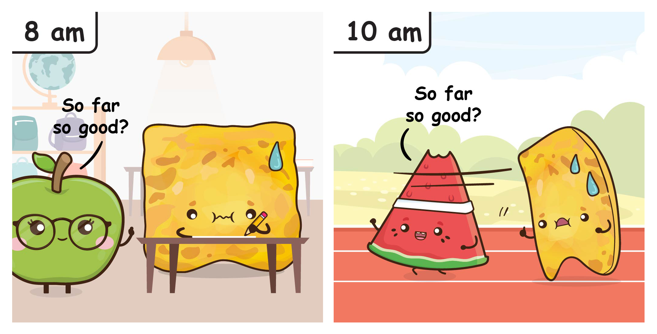 Two-panel cartoon: 8am apple asks nervous toast in class; 10am watermelon asks sweaty toast on track.
